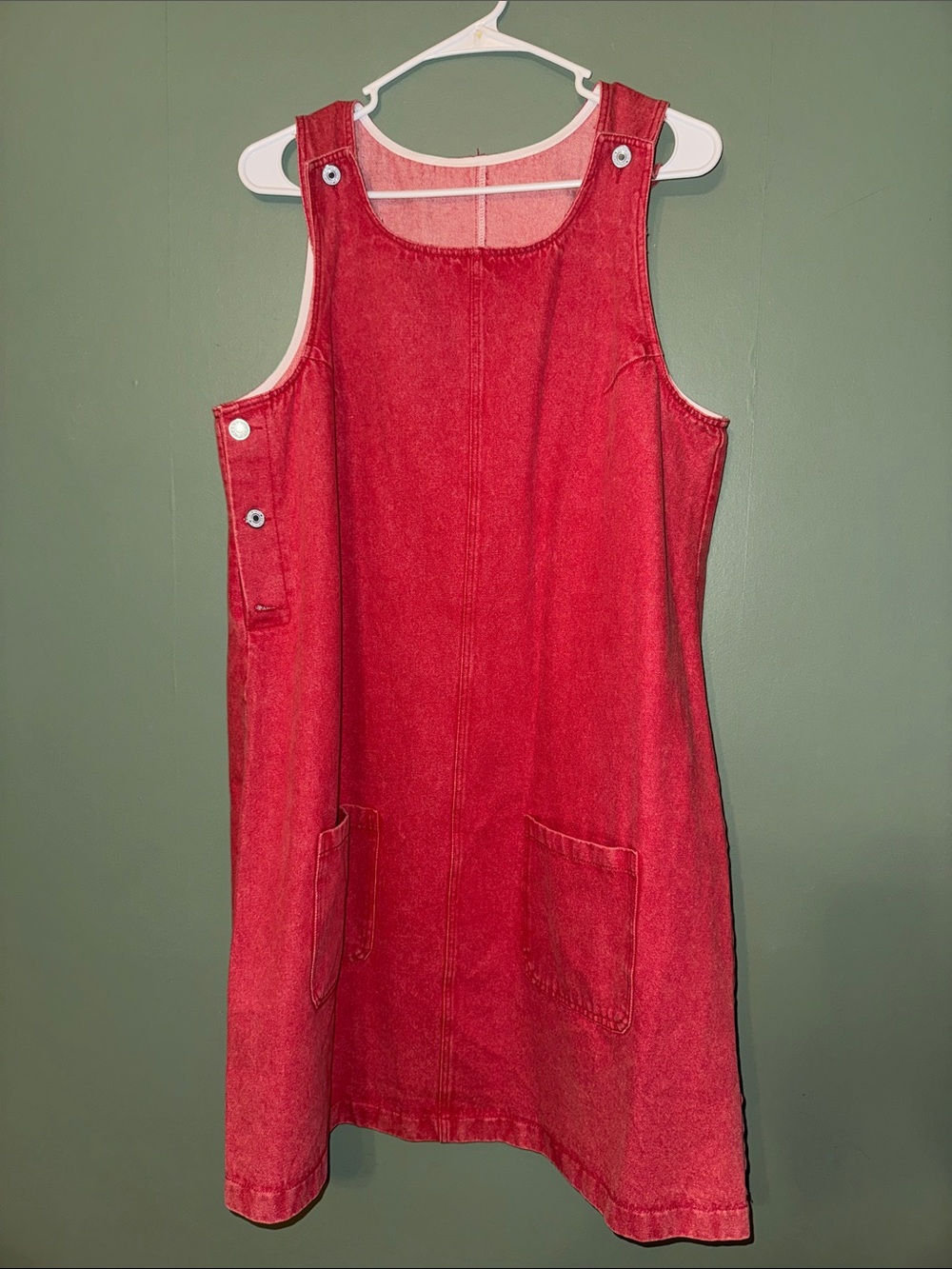 Womens Red Denim Jumper Pinafore Dress Large